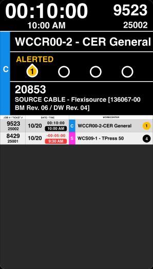 AndonX production alert dashboard on a shop-floor TV, showing an active alert.