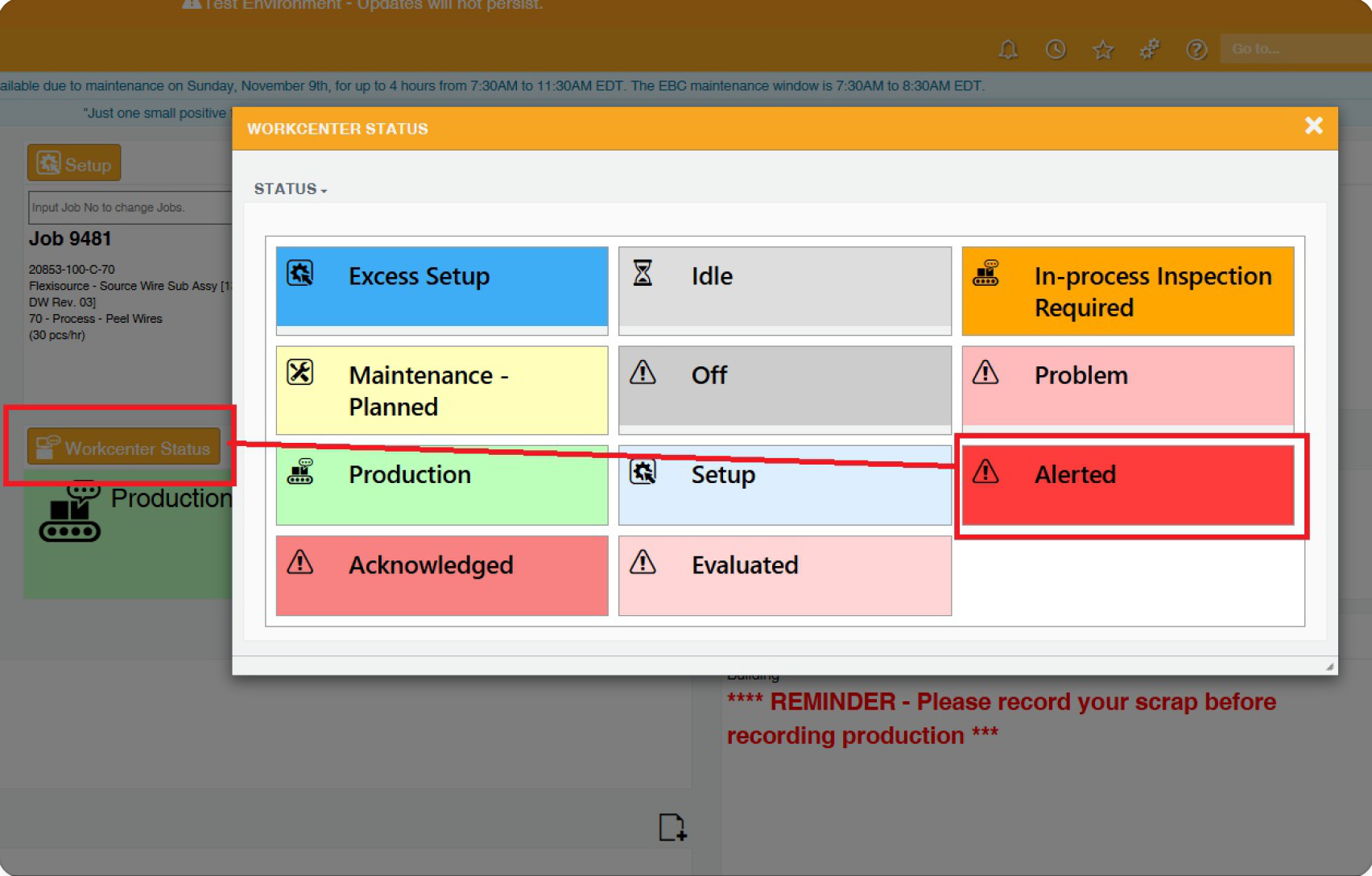 The native PLEX Workcenter Status modal, a grid of nine flat status tiles all carrying equal visual weight.