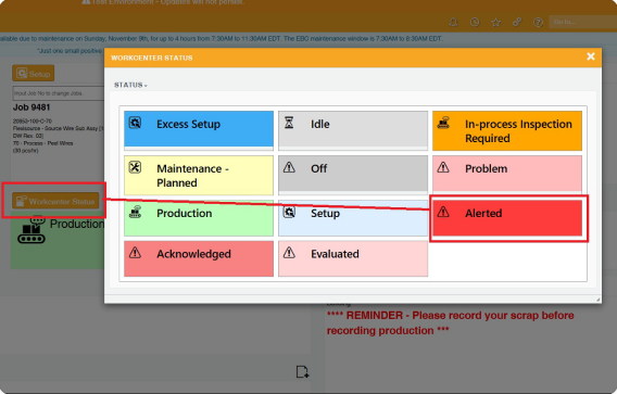 The native PLEX Workcenter Status modal, a grid of nine flat status tiles all carrying equal visual weight.