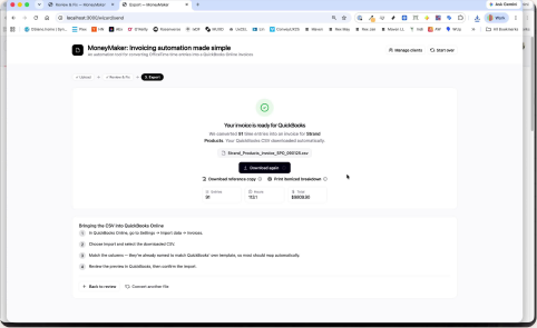 MoneyMaker Export success screen confirming the invoice was generated.
