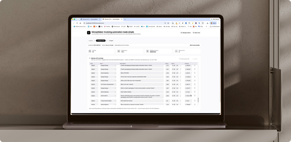 MoneyMaker App invoicing tool interface on a laptop.