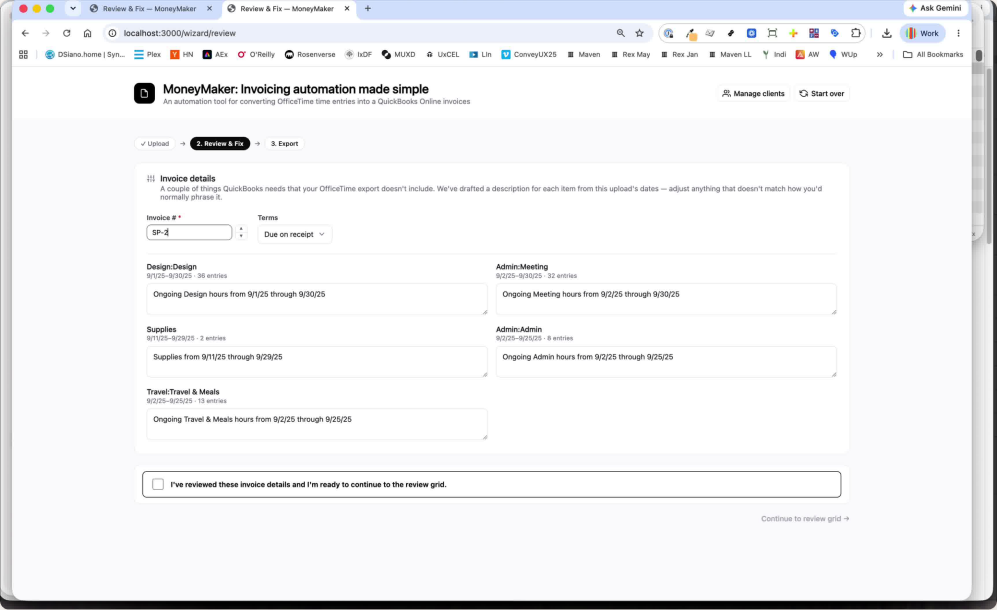 MoneyMaker Invoice details screen showing confirmed and unconfirmed line items.