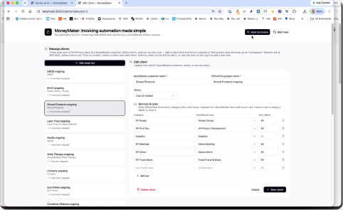 MoneyMaker Manage clients screen listing all clients and their billing setups.