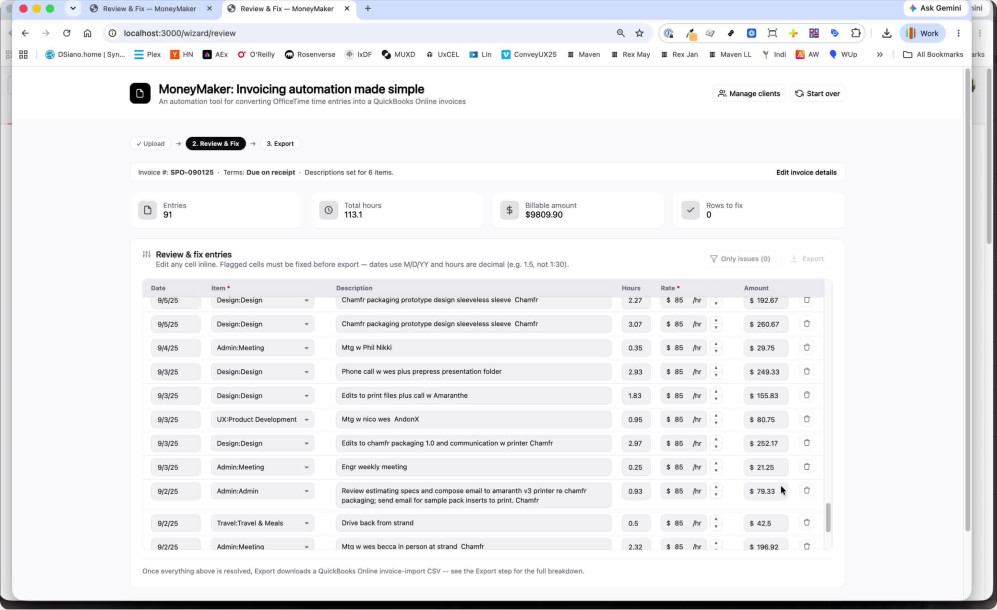 MoneyMaker Review and Fix screen showing a clean state with all entries resolved and confirmed.
