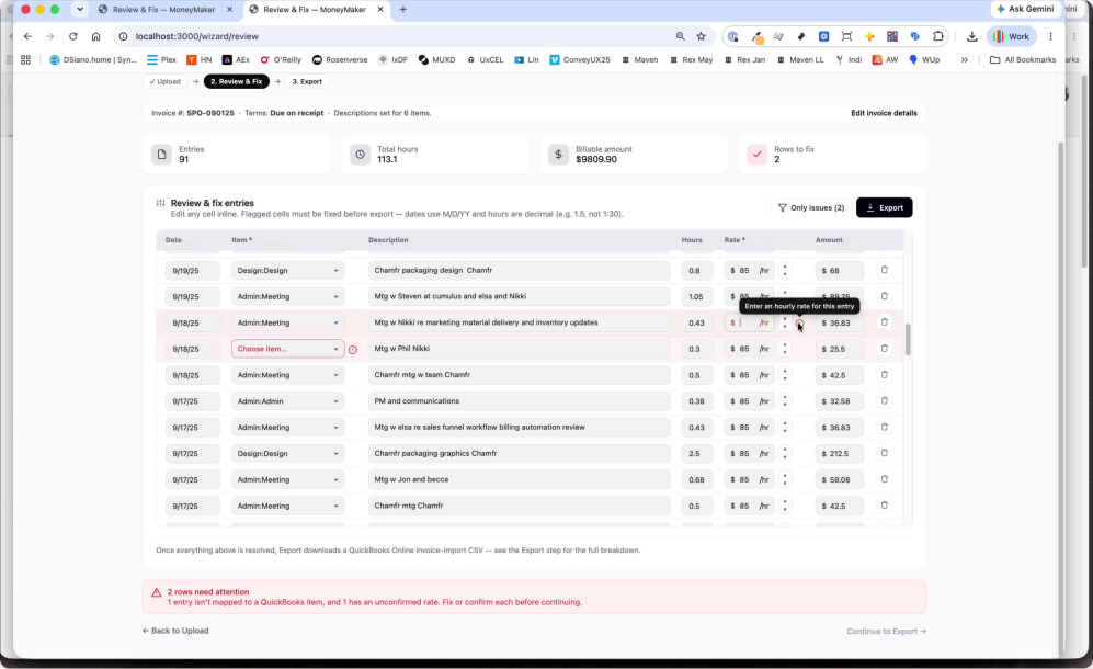 MoneyMaker Review and Fix screen showing flagged rows that need attention before export.