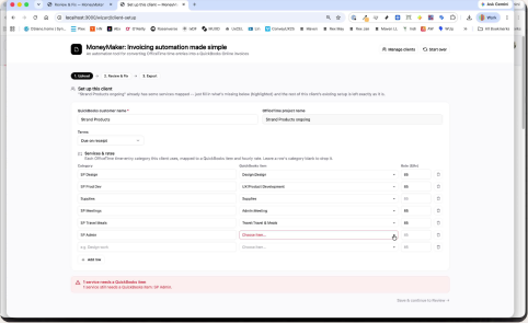 MoneyMaker Set up client screen with client mapping fields and validation.