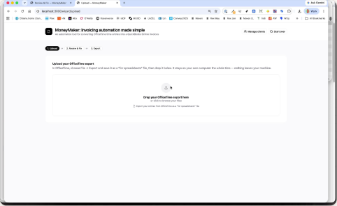 MoneyMaker Upload screen showing a drag-and-drop area for an OfficeTime export.